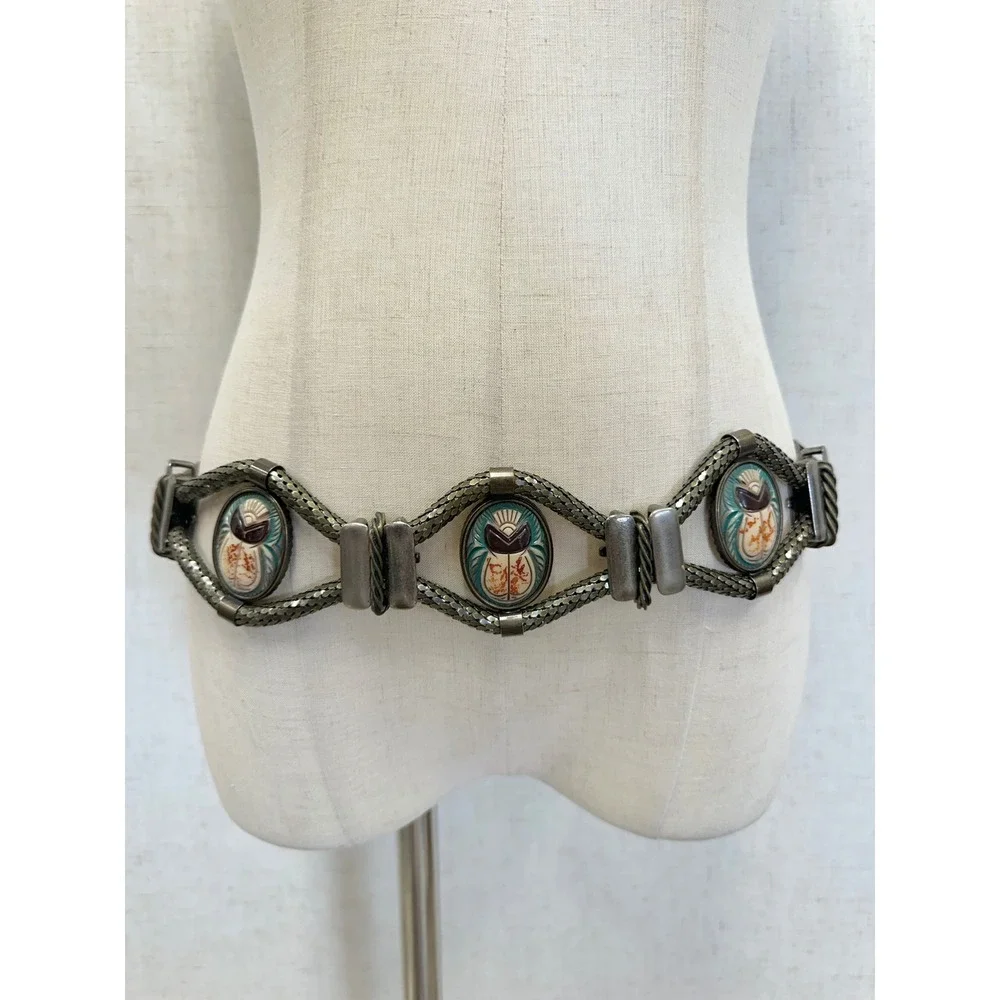 Vintage Egyptian Revival Scarab Beetle Antique Brass Mesh Chain Belt Women SM